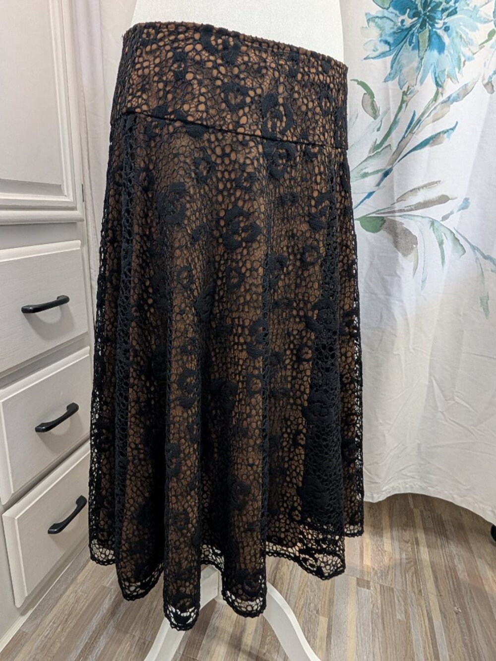 Lapis Whimsigoth Romantic Dark Academia Witchy Black Lace Midi A-Line Skirt L